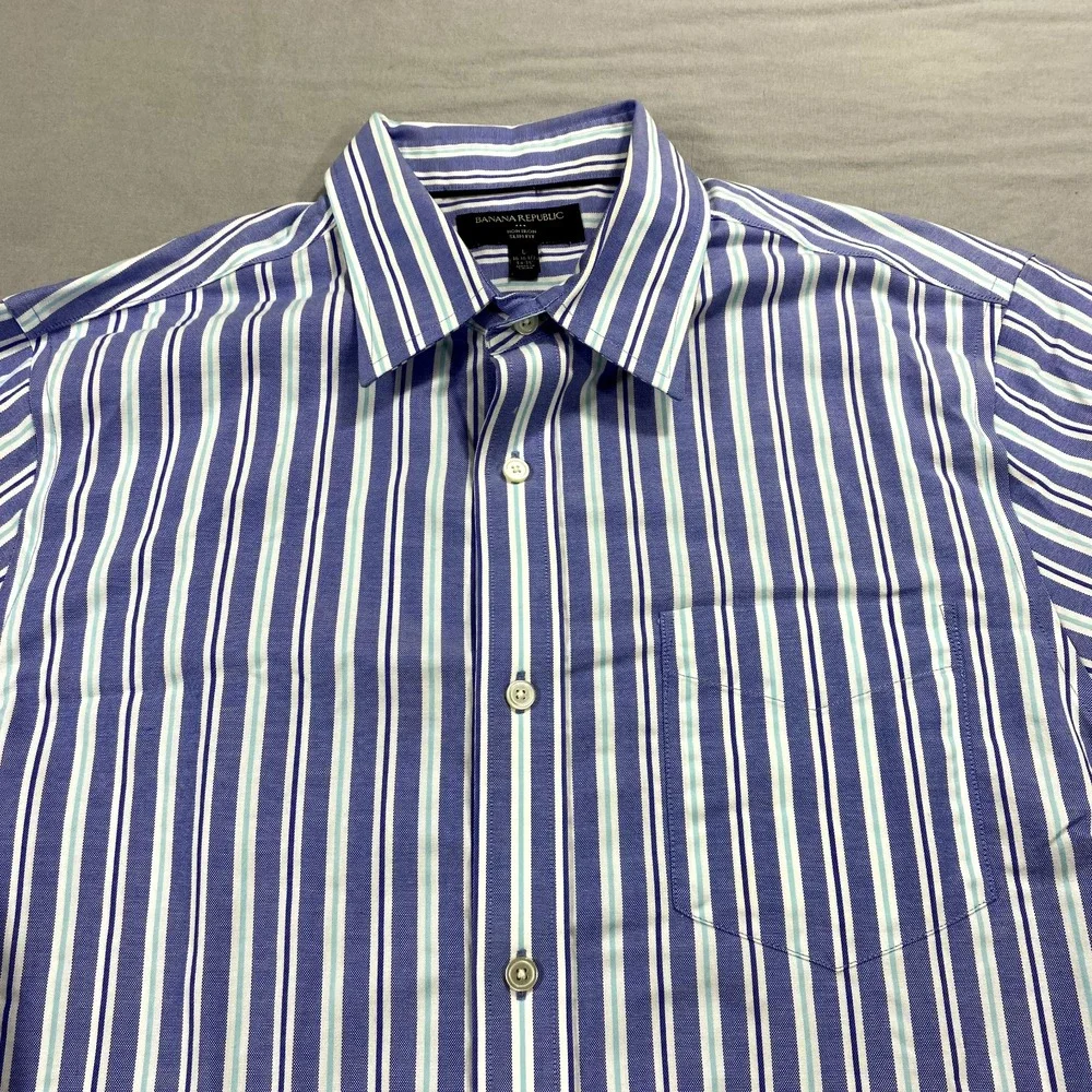 Banana‎ Republic Shirt Mens Large 16.5 34/35 Blue Striped Slim Button Up Dress